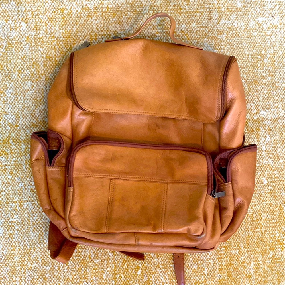 Tan leather backpack David King Boston